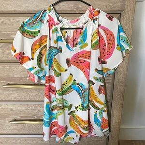 Entro White and Pink Cap Sleeve Blouse with Mandarin Collar